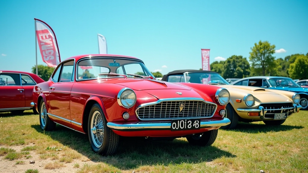 Vintage automobilis parkavytas šalia retro šou lentos, vasaros saulėta diena