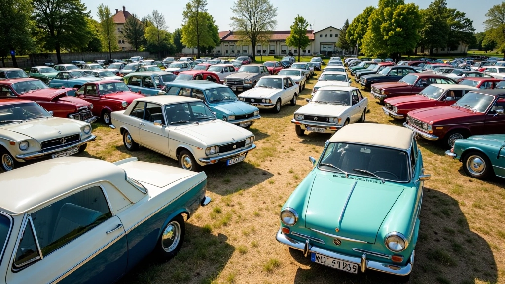 Retro automobiliai išdėstyti atviroje aikštelėje saulėtą dieną, varinės spalvos ir pilka