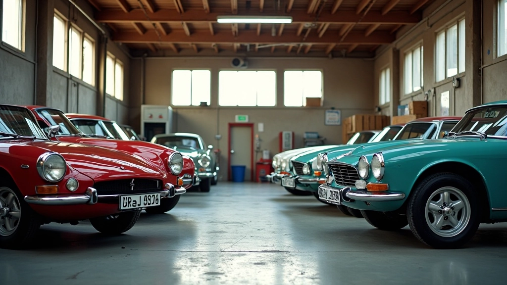 Savivaldybės garažas su šešiais retro automobiliais, gražus šviesos nuotrauka iš viršaus, detalės ryškios