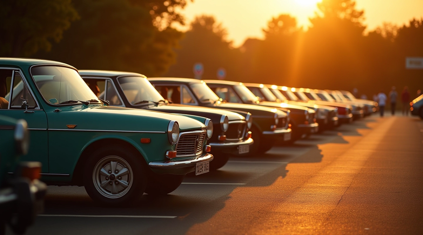 Retro automobiliai saulėtoje aikštelėje, klasikinės mašinos blizgančiomis detalėmis, entuziastai aplink